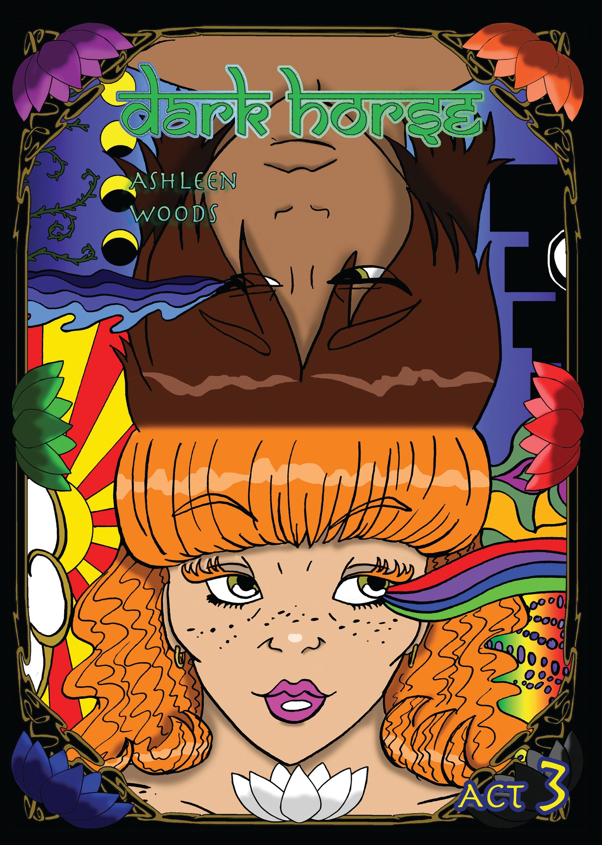 Cover to act three. Features two characters who are in a split screen. The top dark-skinned person has symbolism related to the moon along with blue colors, and looks worried or resigned. On the other side is a freckled woman who looks happier in comparison, smiling as rainbows and symbolism related to the sun adorn her background and side.