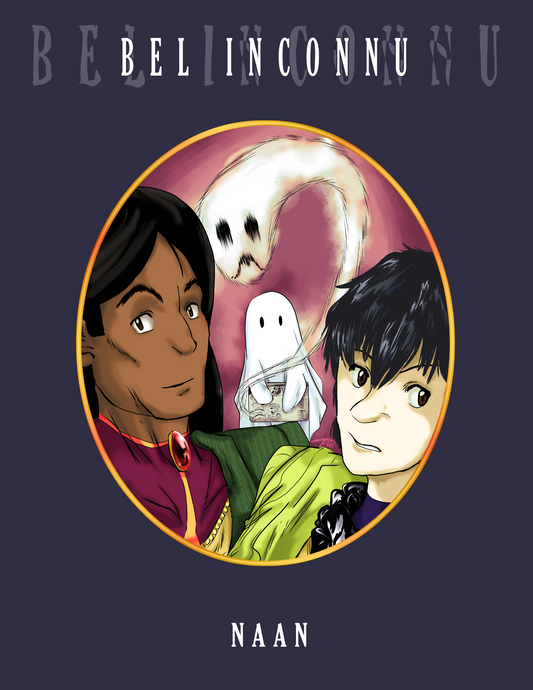 There is an oval frame against a dark indigo purple background. Within the oval frame are two adults, one dark-skinned with long hair and the other very pale-skinned with short hair. Behind them is a child dressed in a ghost costume, holding a book. Behind said child, is a thinly spooky ghost staring at the camera.