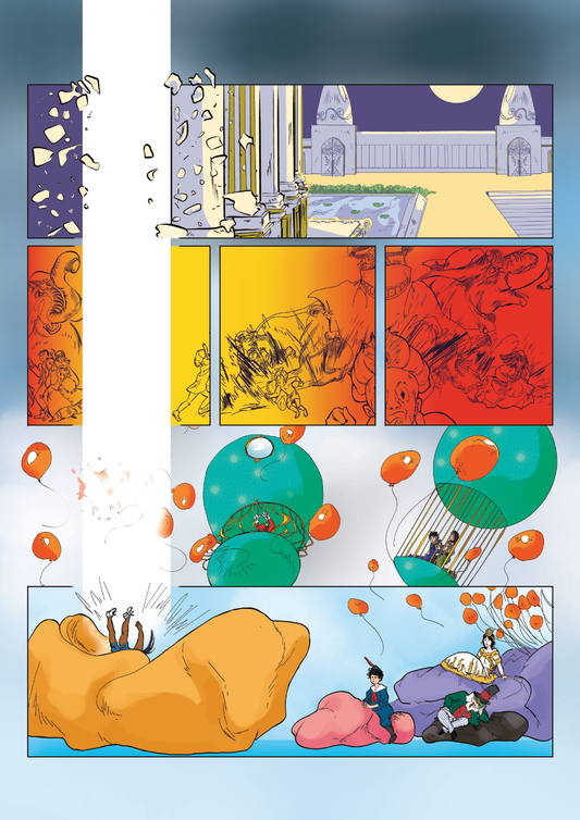 Demi1: Color comic page. We see multiple panels showcasing the different facets of Slumberland, as Sara falls down through all those panels and crashes into a bean bag. The last panel shows the characters Nemo, the Princess and Flip.