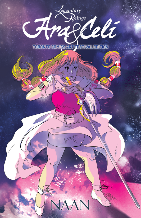 Cover: A young girl with lower twin tails against a starry galatic backdrop. She's smirking, full of confidence, wielding a sword with a mixed angel/devil wings design. Her stance is grounded, clearly ready for whatever comes her way.

The top of the picture shows the logo of "Legendary Beings Ara & Celi." The bottom of the pic says "NAAN."