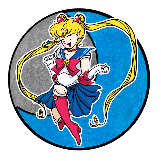 Sailor Moon jumping in front of the moon. 