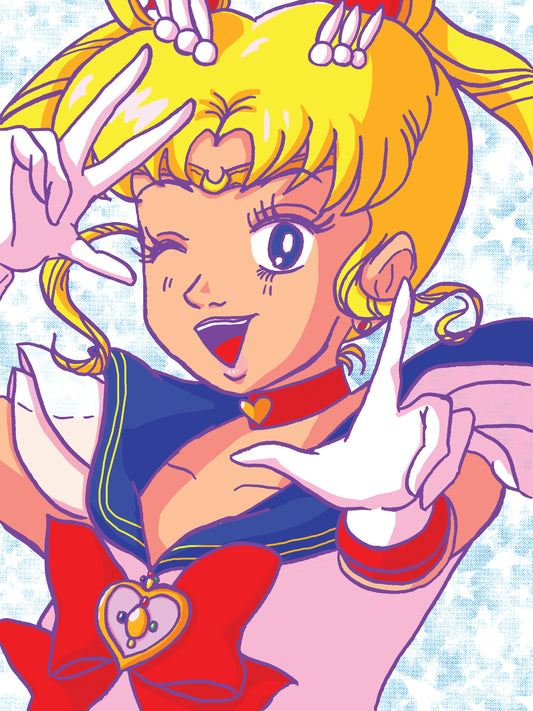 Sailor Moon with purple line-work against a light blueish background. 
