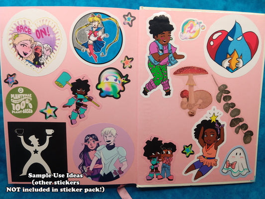 Sticker bundle idea is a photo of stickers in use in a sketchbook or journal (other stickers not a part of the bundle).