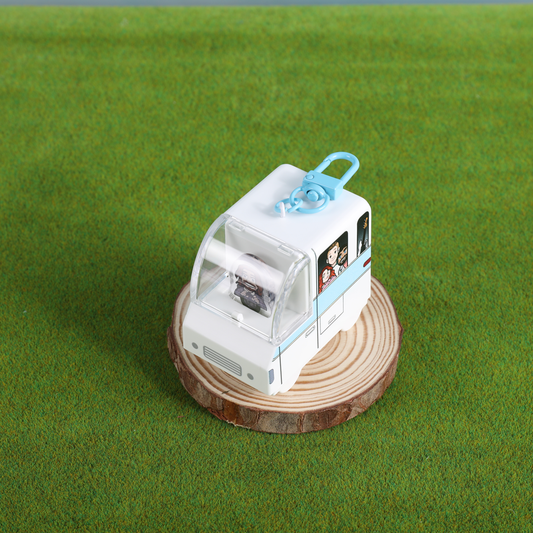 White car shaped 3D keychain with printed sides and acrylic charm bus driver
