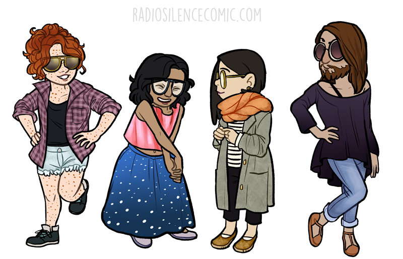 Pictures 2 & 3: Digital drawings of the Radio Silence characters wearing fashionable clothes