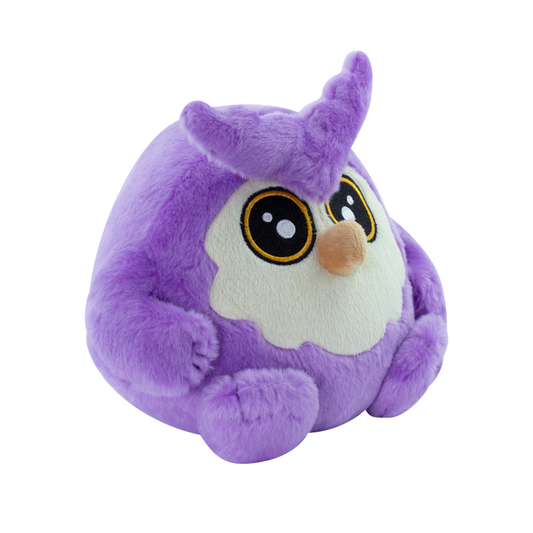 Purple squishable fluffy owlbear plush toy 3/4s view