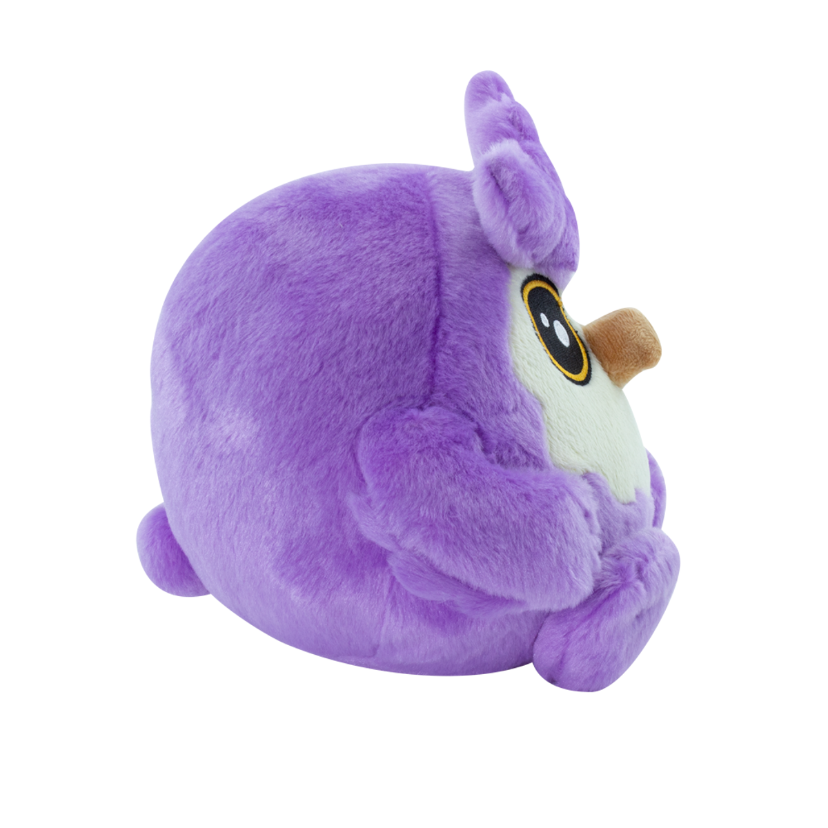 Purple squishable fluffy owlbear plush toy side view