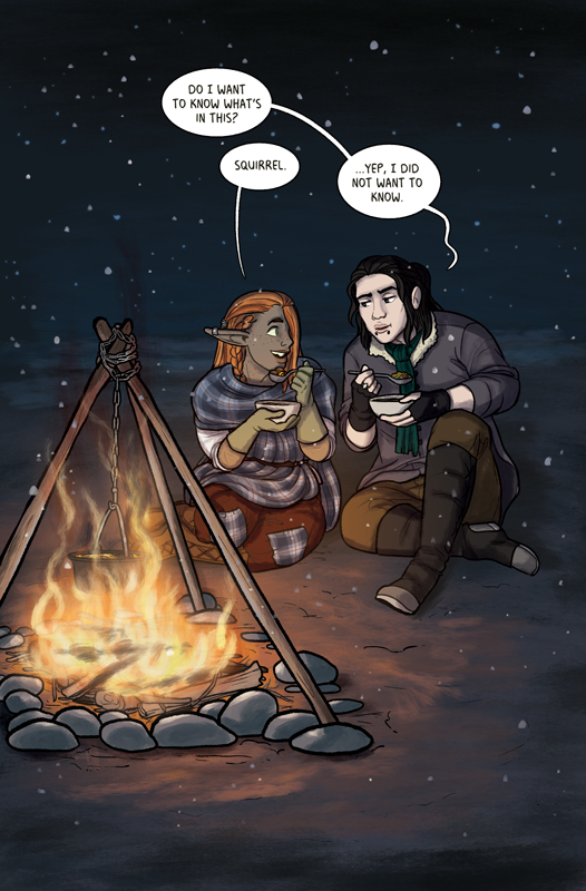 Back cover: An autumnal elf and human eat from their bowls in front of a fire. "Do I want to know what's in this?" he asks. "Squirrel!" she cheerily explains. "... Yep, I did not want to know," he sighs.
