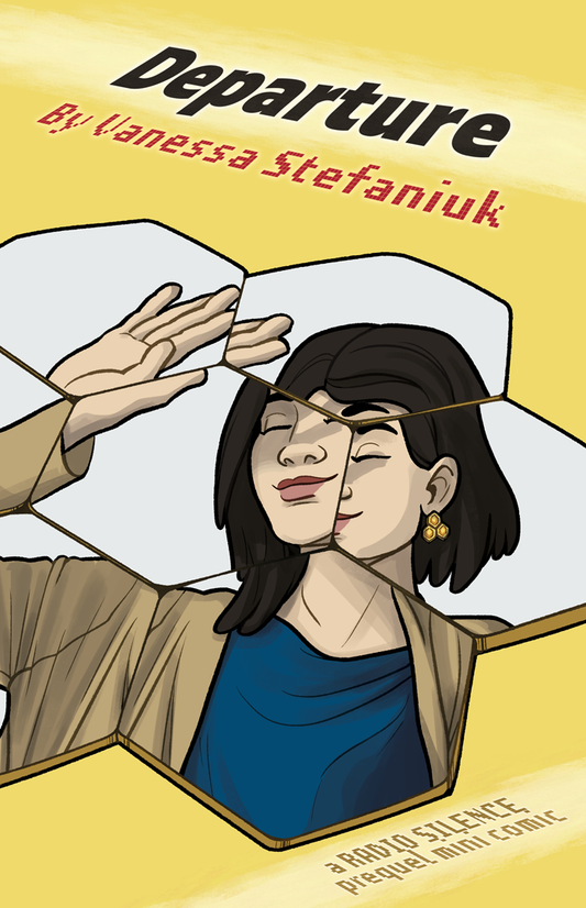 Cover: DEPARTURE title, with a beehive patterned shattered glass effect and a woman shielding her eyes from the sun and smiling 