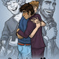 1: Cover page of two teen men hugging, with faded older versions of them playing instruments in the background 