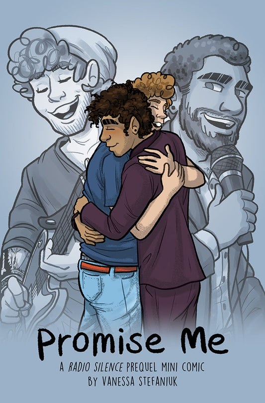1: Cover page of two teen men hugging, with faded older versions of them playing instruments in the background