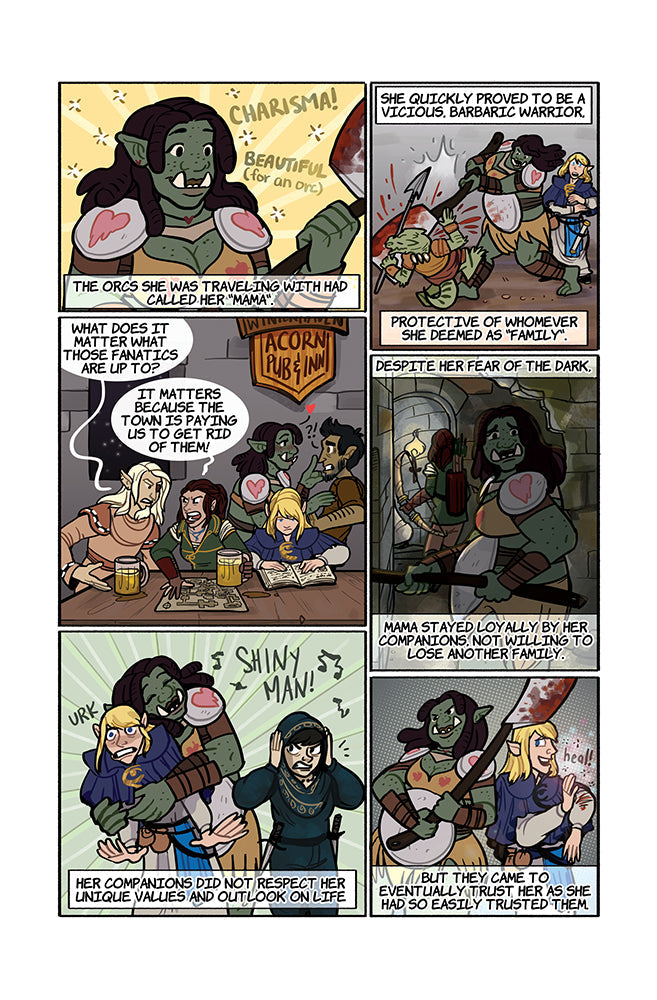 3: Interior comic page of an orc woman becoming part of her party